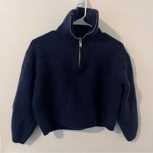 Everlane Felted Merino Wool Half-Zip Cropped Sweater Navy Blue Ribbed Medium